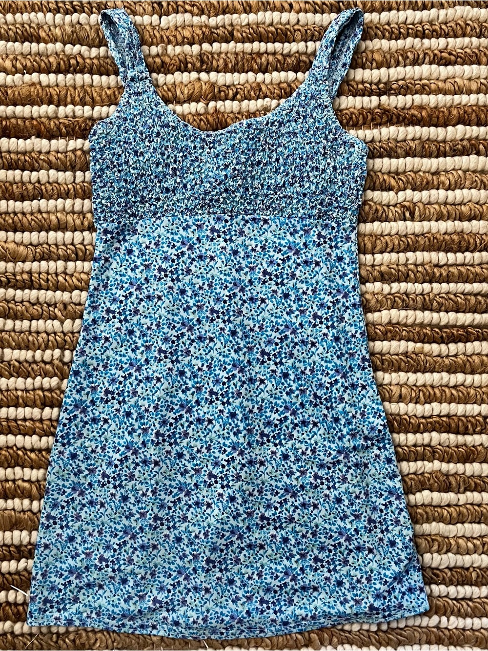 Vintage Blue Floral Mini Dress with Smocked Bodice